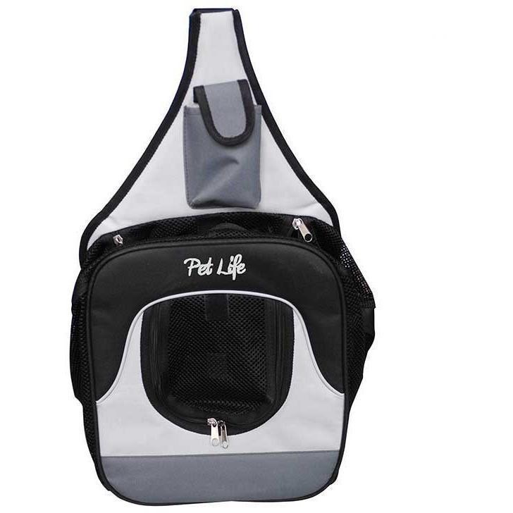 Black and white over-the-shoulder pet carrier backpack with front mesh opening and zip panel