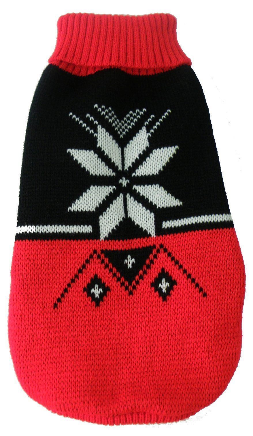 Red and black dog sweater, ribbed turtleneck with snowflake motif