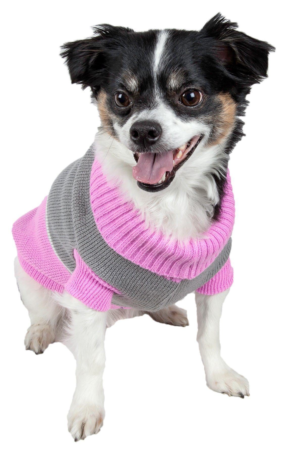 Gray and pink dog turtleneck sweater with striped collar and snowflake knit