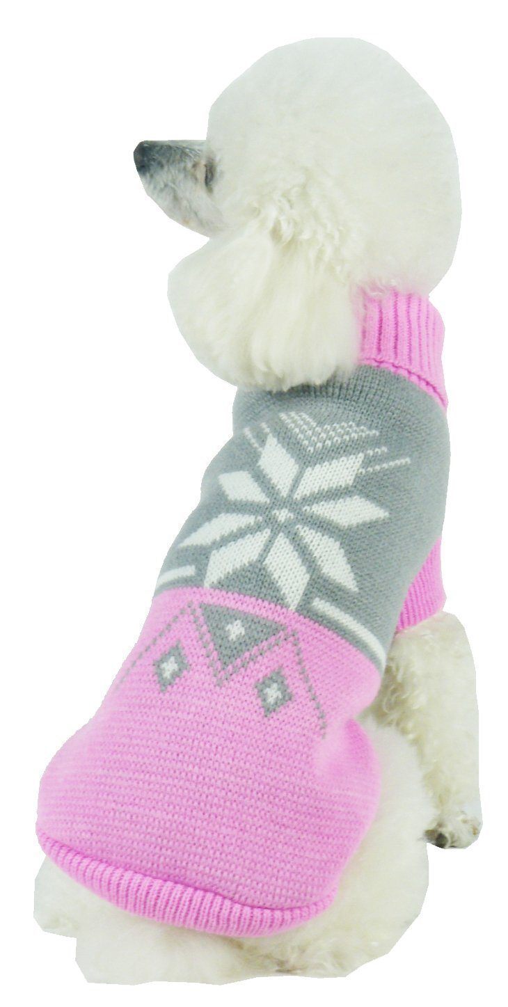 Pink and gray knit dog sweater with snowflake motif and ribbed turtleneck