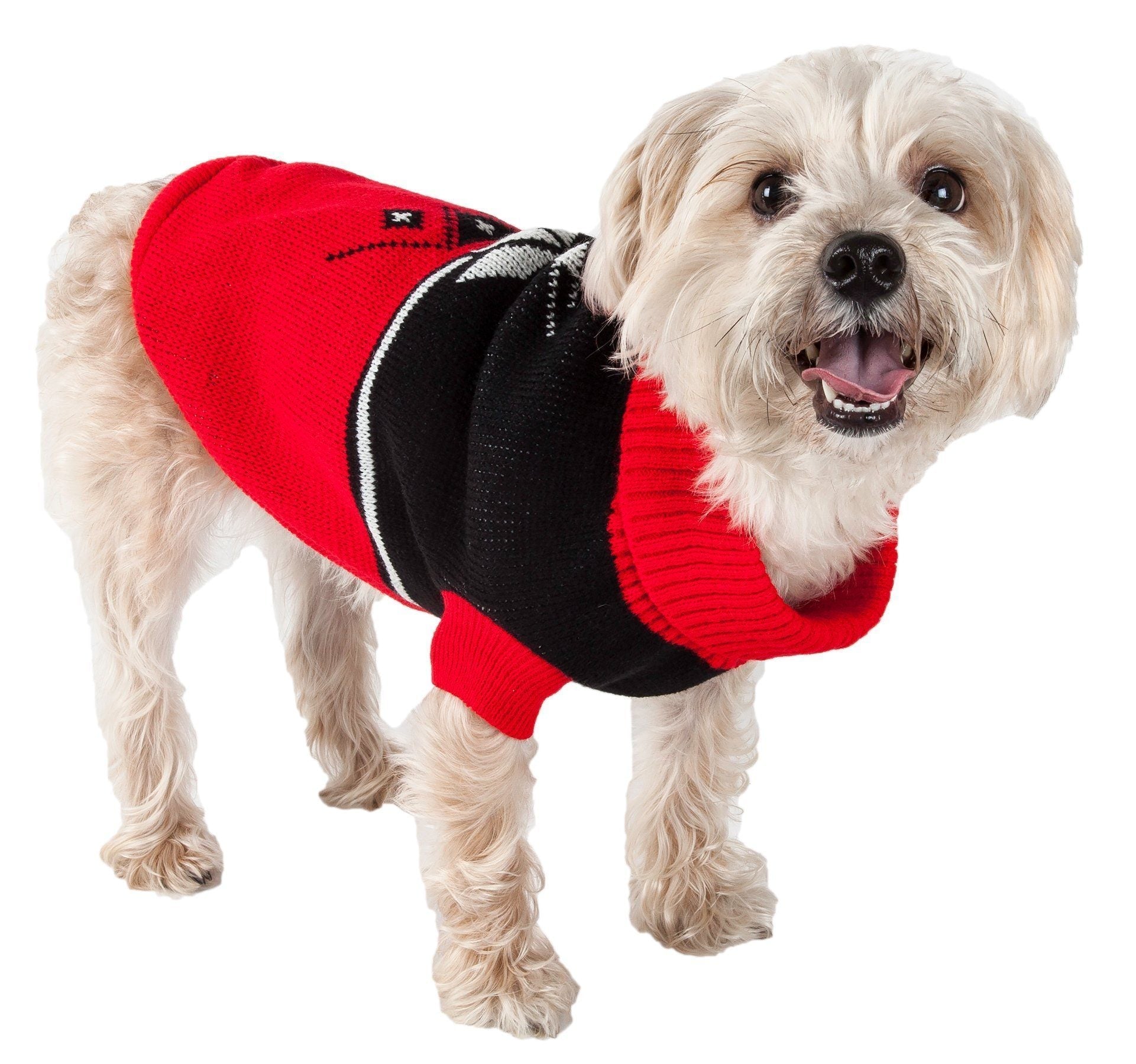 Dog turtle neck sweater, red and black cable knit with snowflake pattern