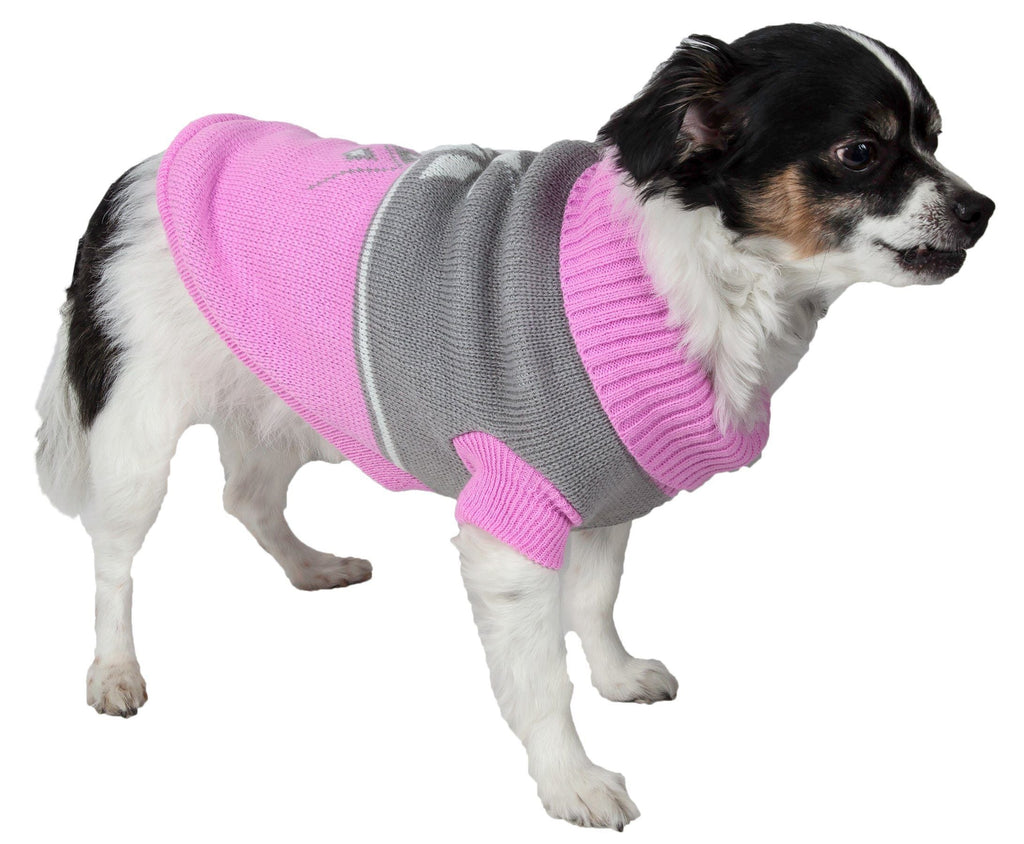 Dog turtle neck sweater in gray and pink, snowflake knit and ribbed cuffs
