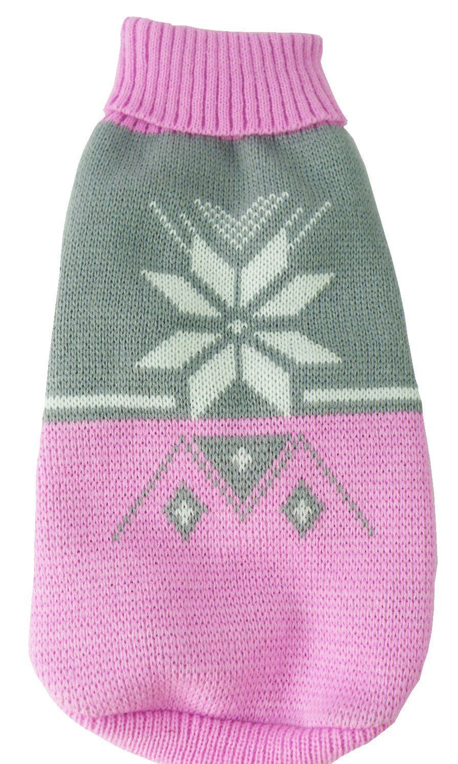 Pink and gray dog sweater, ribbed turtleneck with snowflake and diamond pattern