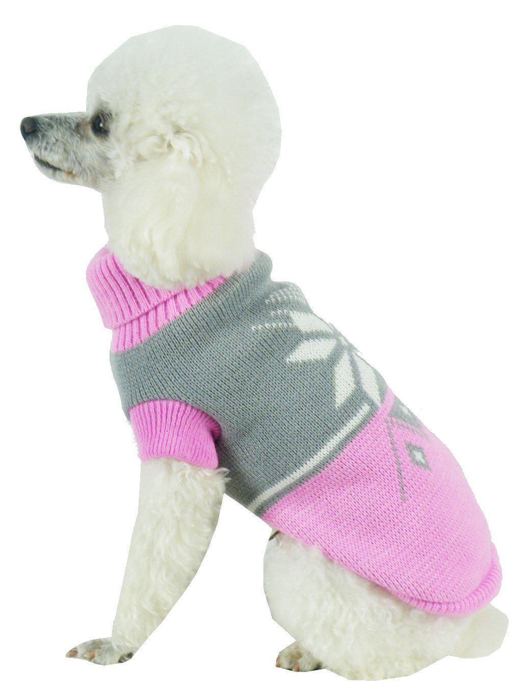 Dog turtle neck sweater, pink and gray knit with snowflake and striped cuffs