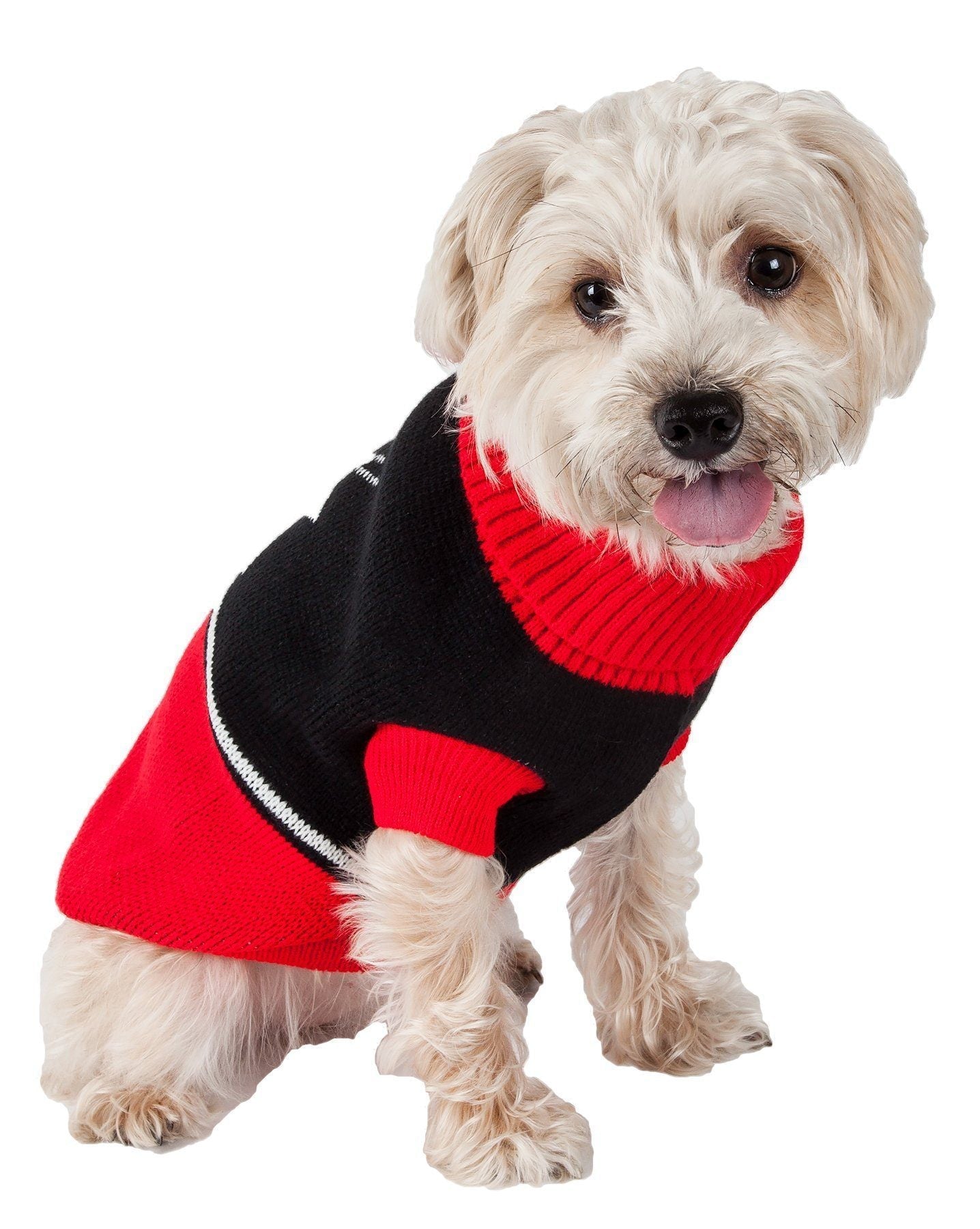 Dog turtle neck sweater in red and black, striped trim and cable snowflake detail