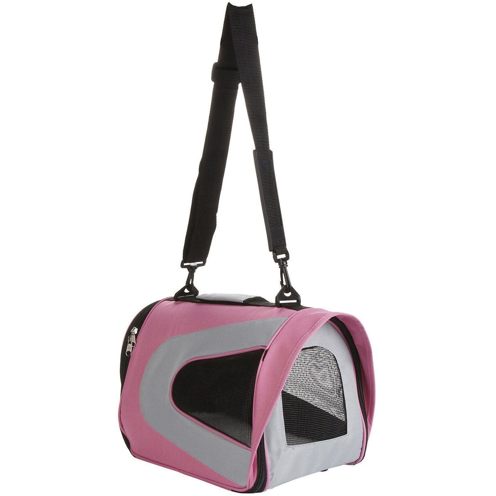 Pink and gray folding dog carrier with mesh side window and black adjustable shoulder straps