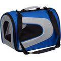 Blue and gray collapsible pet carrier with black mesh side window and carry handles