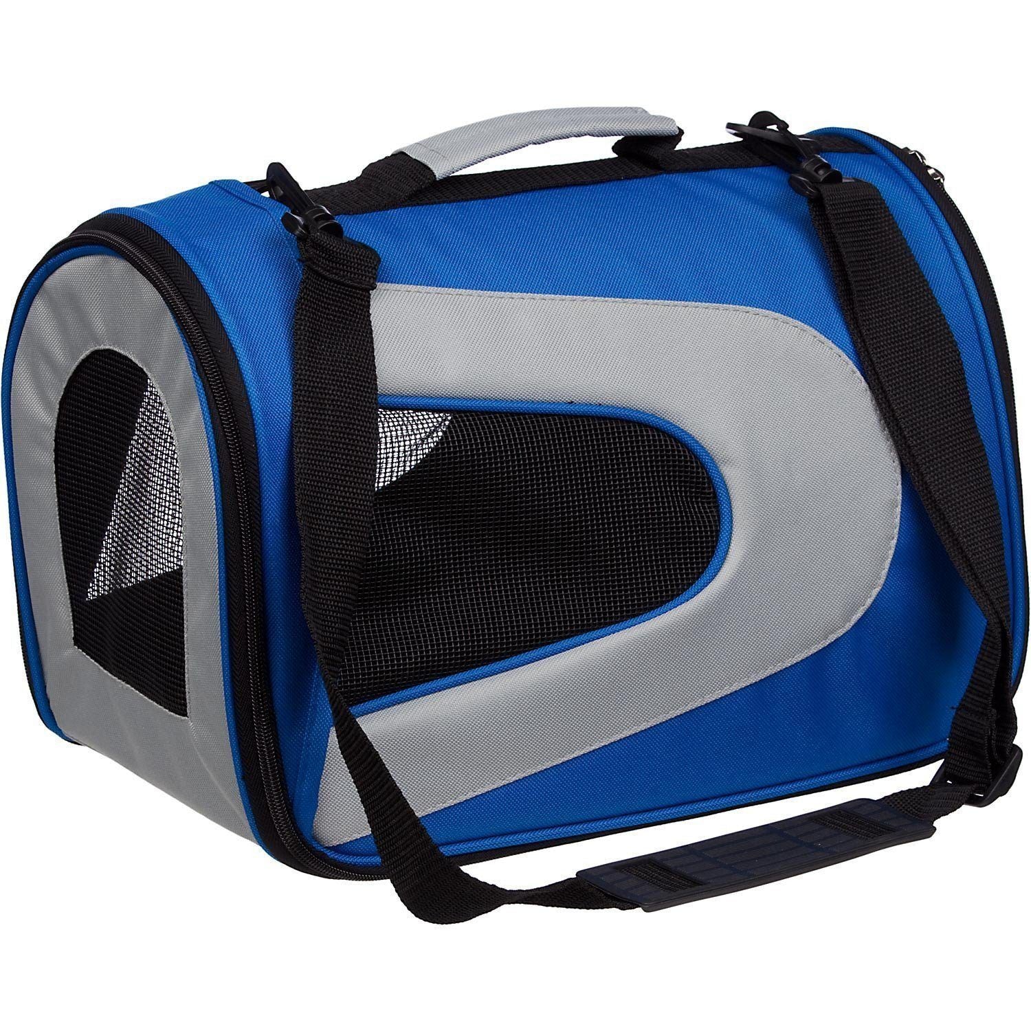 Blue and gray folding dog carrier with zippered mesh side window and black carrying straps