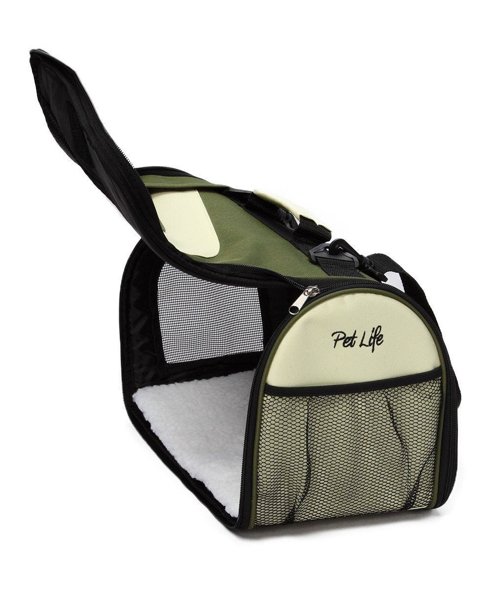 Green and khaki foldable pet carrier with front mesh window and black zipper trim