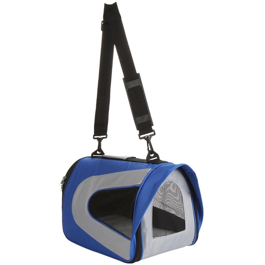 Blue and gray folding dog carrier with mesh side window and two adjustable shoulder straps