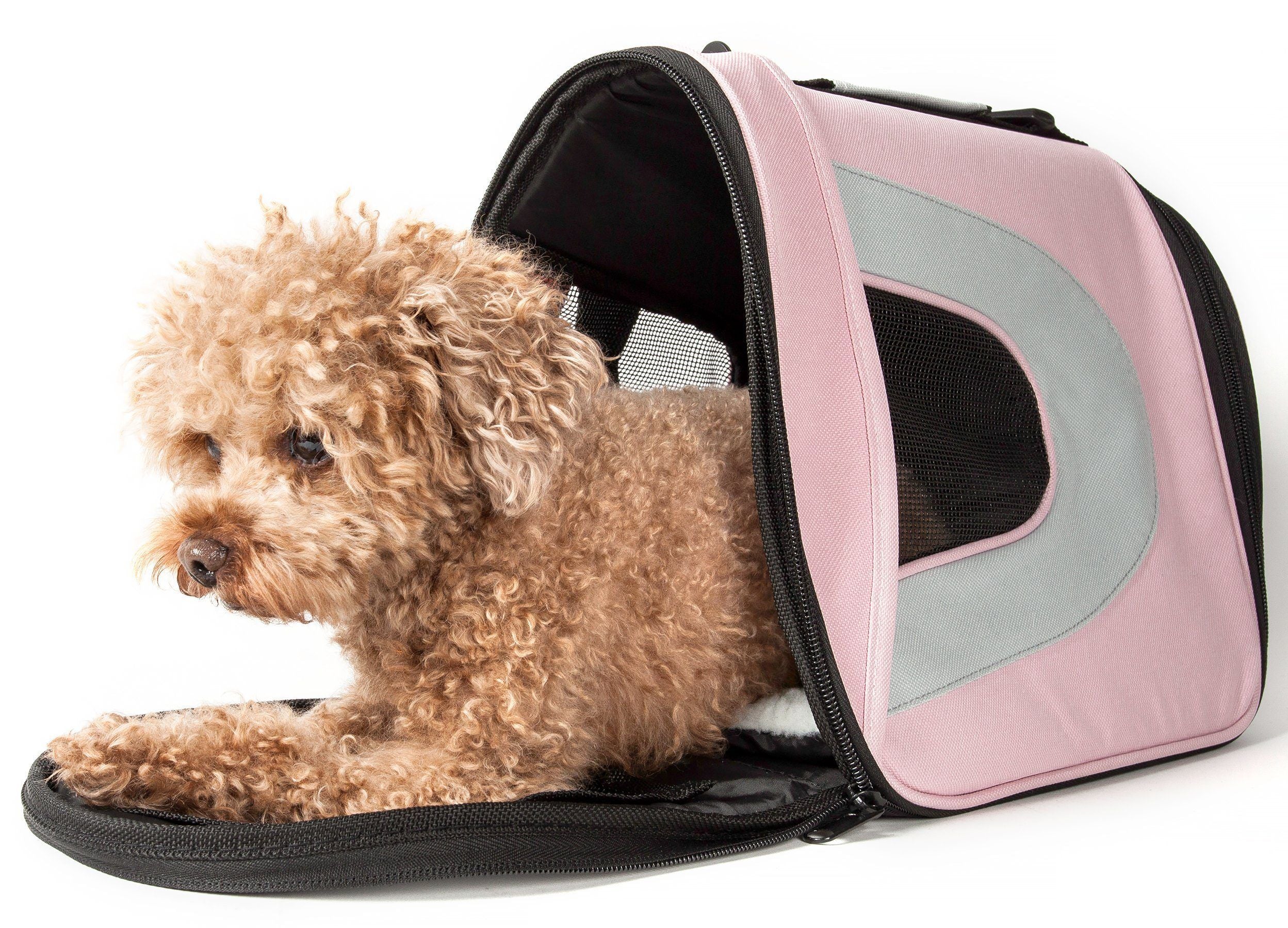 Pink and gray folding dog carrier with zippered mesh window and curved door opening, dog inside