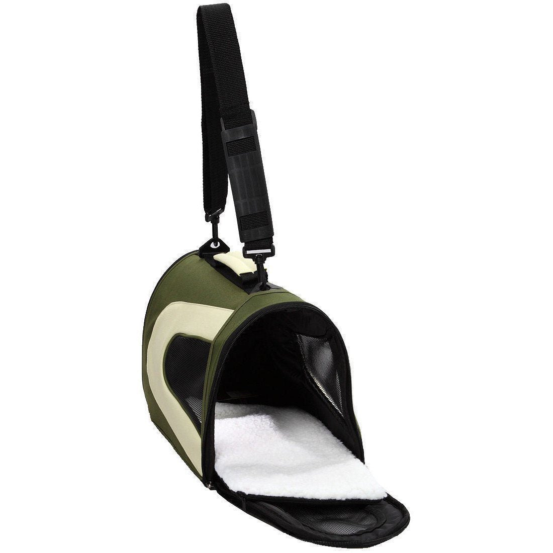 Olive and cream folding dog carrier with zippered mesh window and detachable shoulder strap