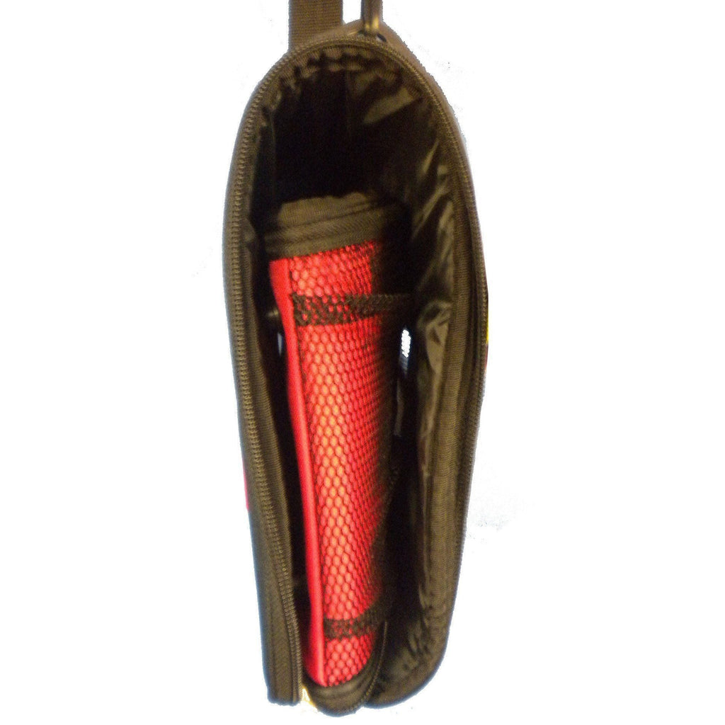Compact pet dog carrier end view with red mesh panel, black outer fabric, and zipper edge