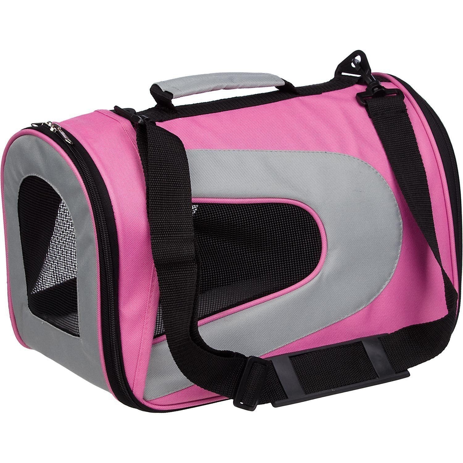 Pink and gray folding dog carrier with zippered mesh side panel and black shoulder straps
