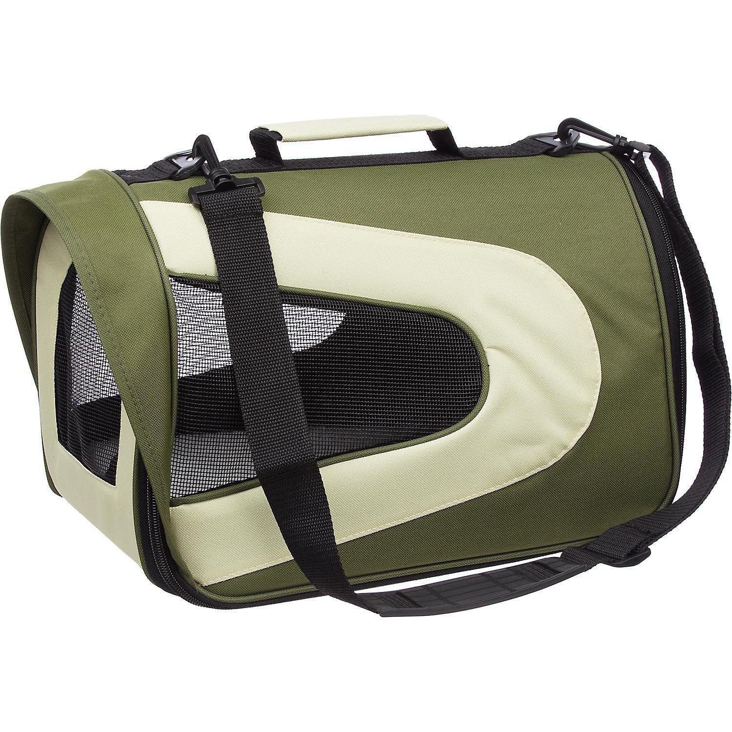 Green and cream folding dog carrier with zippered mesh side window and top handle straps