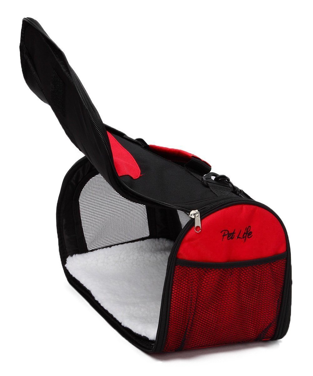 Red and black zipper pet carrier with front mesh window and cushioned interior