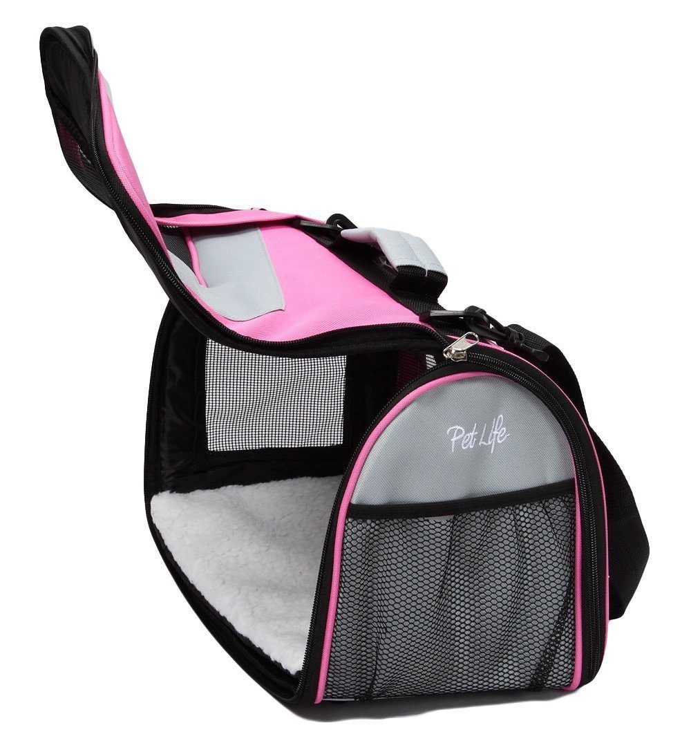 Pink and black collapsible pet carrier with mesh side panels and top carrying handle