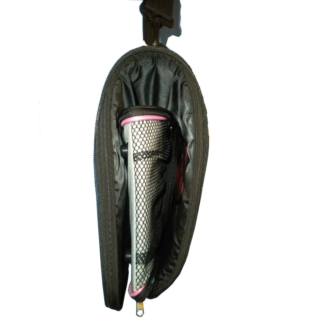 Collapsible pet carrier with side mesh vent and pink trim, black interior panels