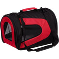 Red and black folding dog carrier with mesh side window and zippered door, black shoulder straps