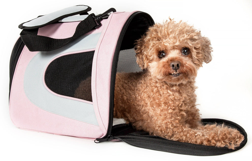 Pink folding dog carrier with mesh side window; zipper opening and shoulder strap, dog inside