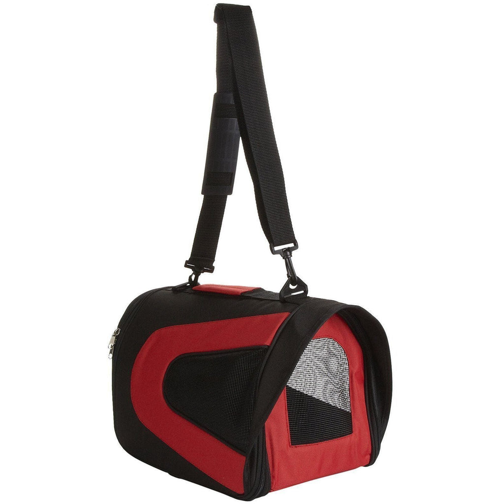 Collapsible pet dog carrier with red fabric sides, black trim, and front mesh window