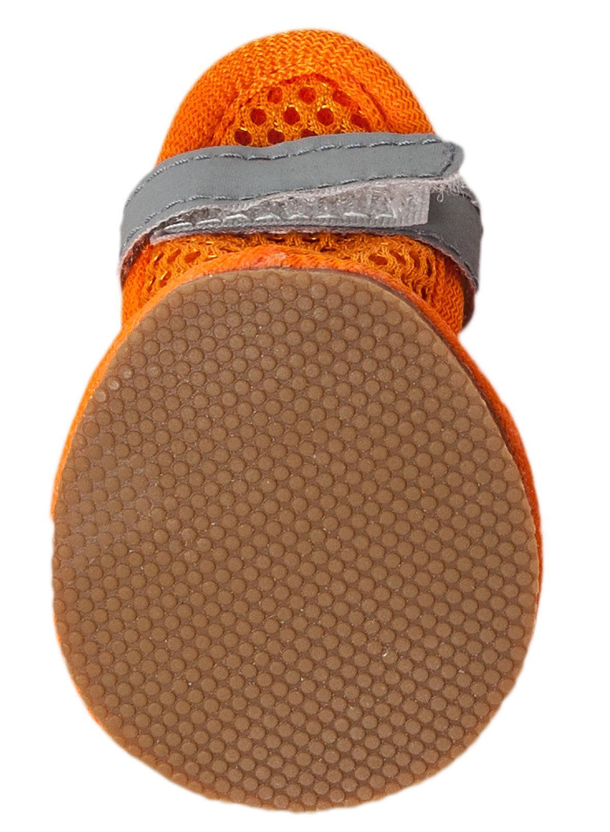 Orange dog sandal bottom view with brown textured sole and gray top strap