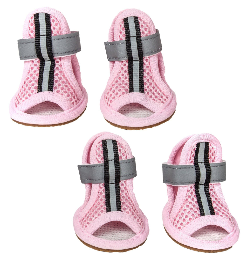 Pink water-resistant mesh dog sandals set of 4 with gray straps and black stripes