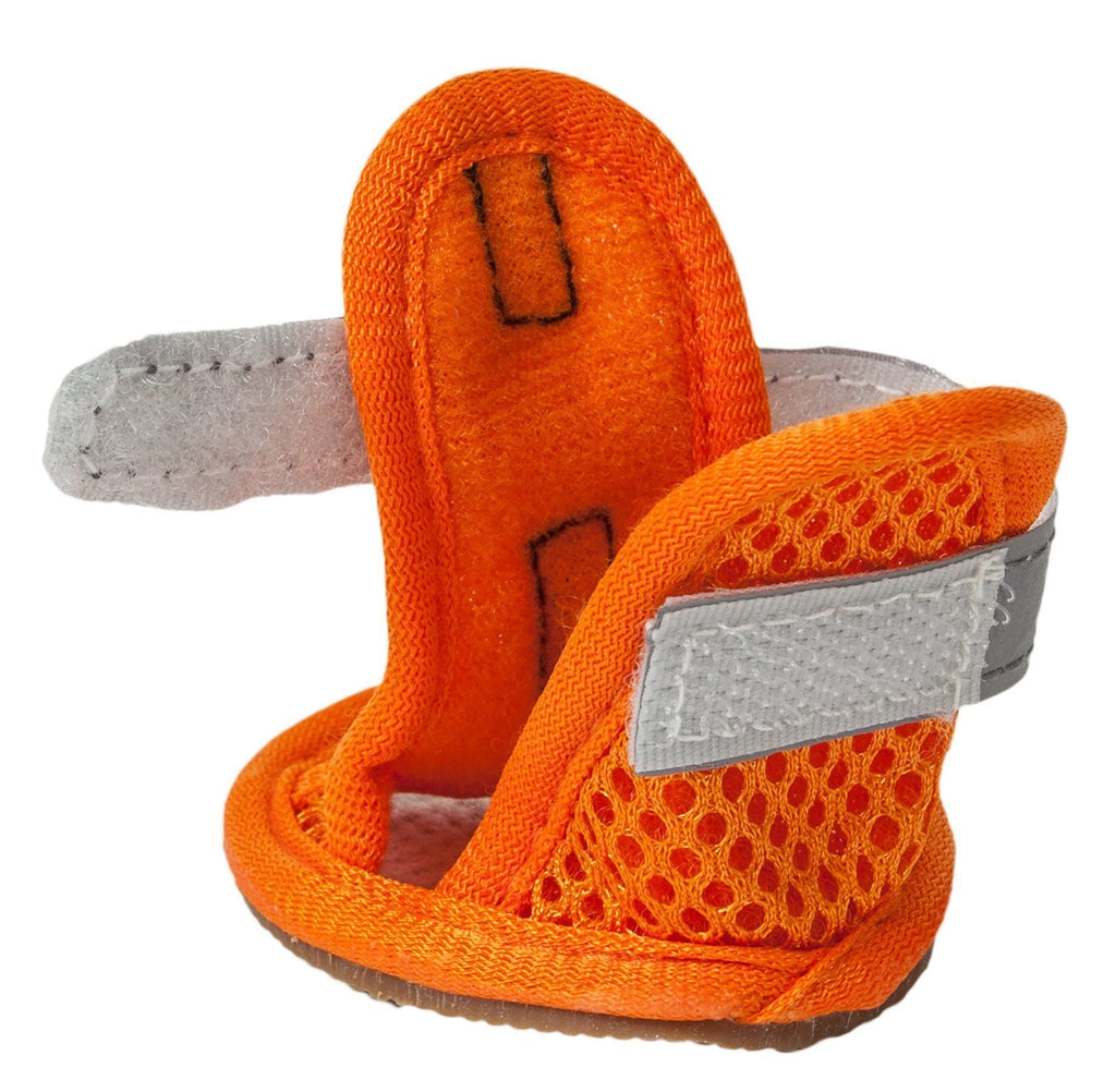 Close-up orange water-resistant mesh dog sandal with gray strap and brown textured sole