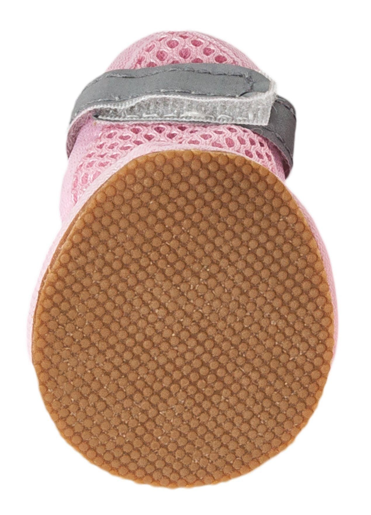 Pink dog sandal bottom view with brown textured sole and gray top strap
