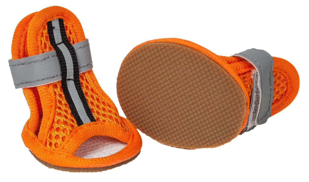 Orange water-resistant mesh dog sandals with gray strap and black stripe detail