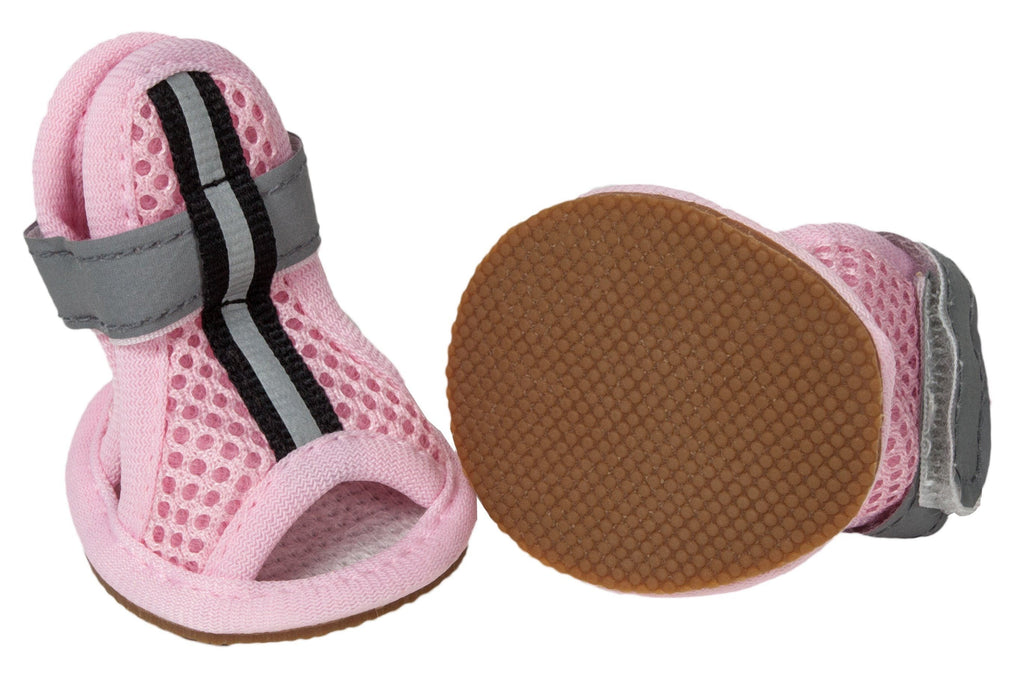 Pink water-resistant mesh dog sandals with gray strap and black stripe detail