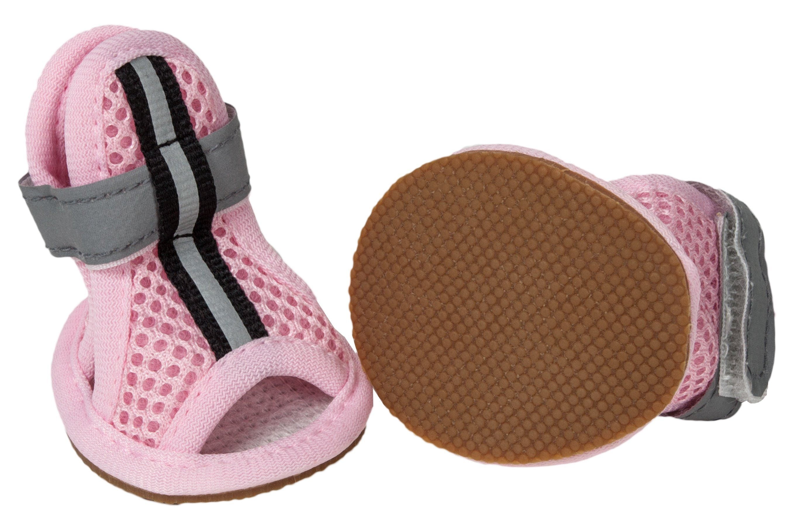 Pink water-resistant mesh dog sandals with gray strap and black stripe detail