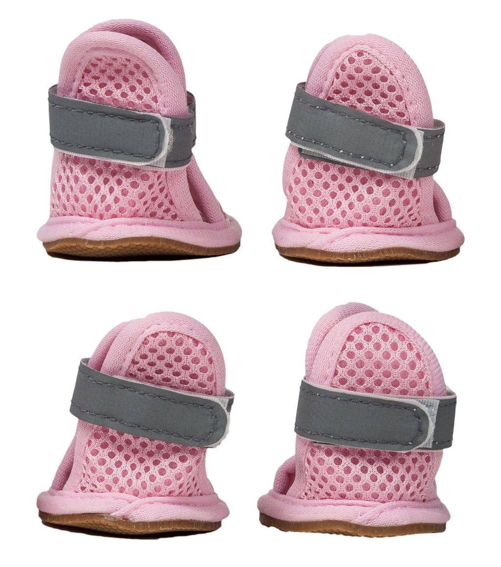 Pink water-resistant mesh dog sandals with dark gray adjustable strap, set of 4