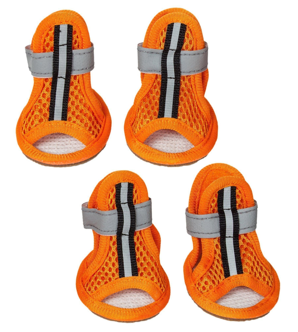 Orange water-resistant mesh dog sandals set of 4 with gray straps and black stripes