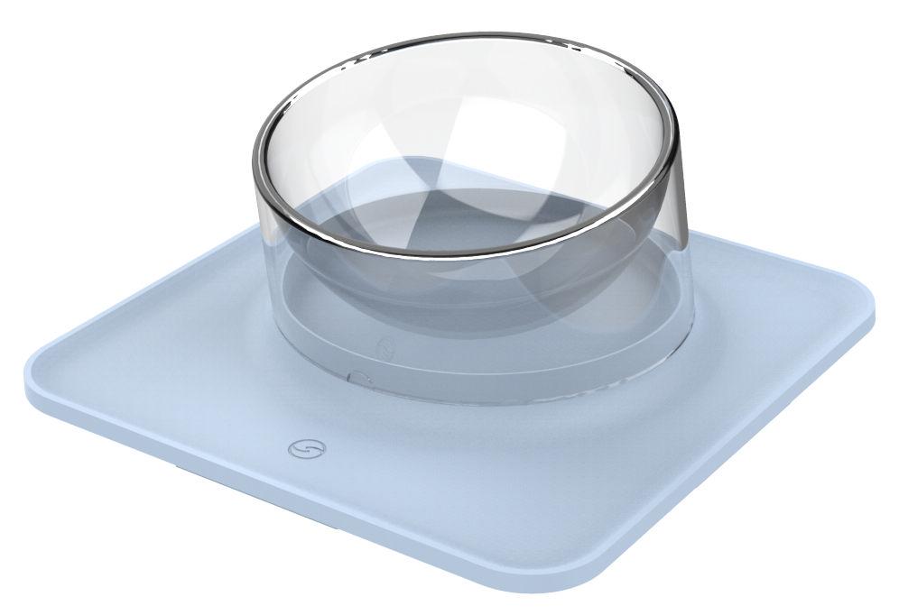 Clear pet water bowl on curved anti-skid mat, blue base