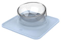 Clear pet water bowl on curved anti-skid mat, blue base