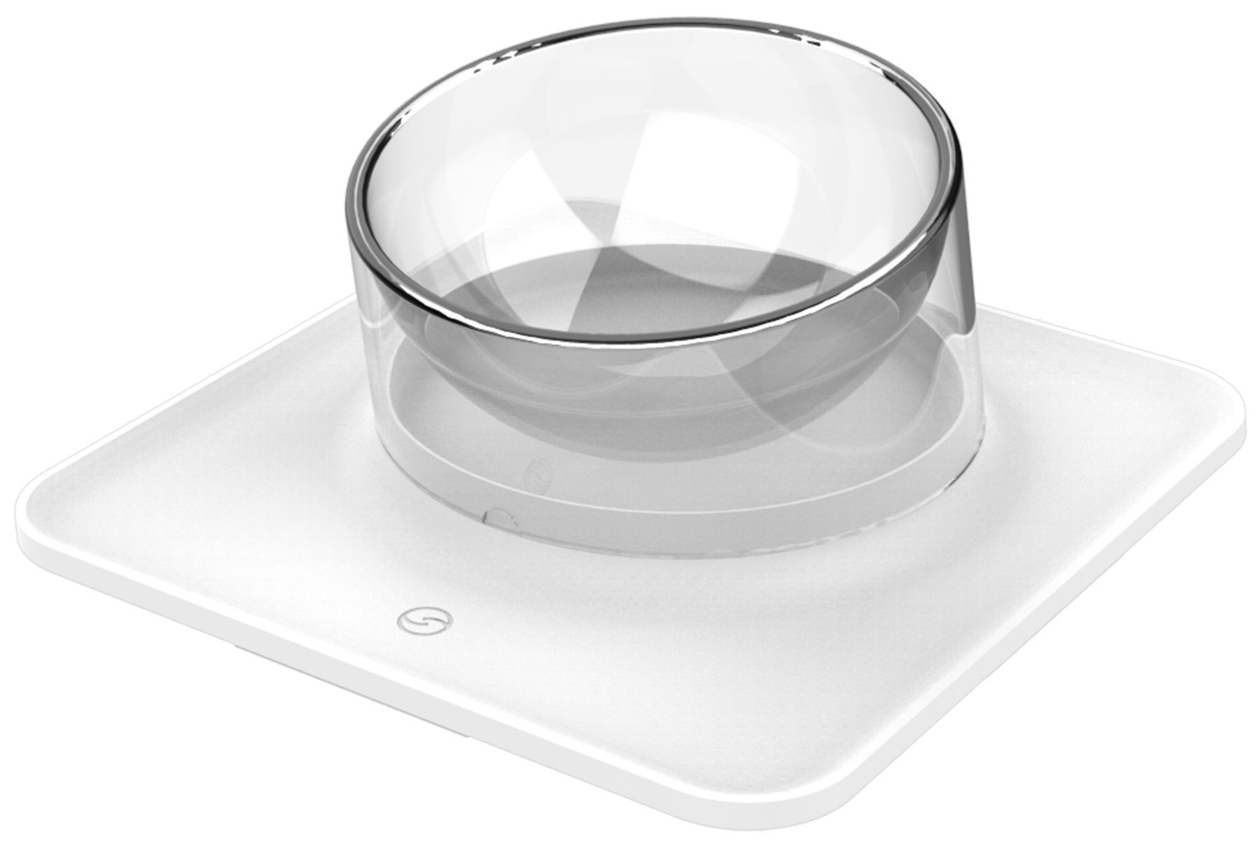 Clear pet bowl on curved anti-skid mat, white base