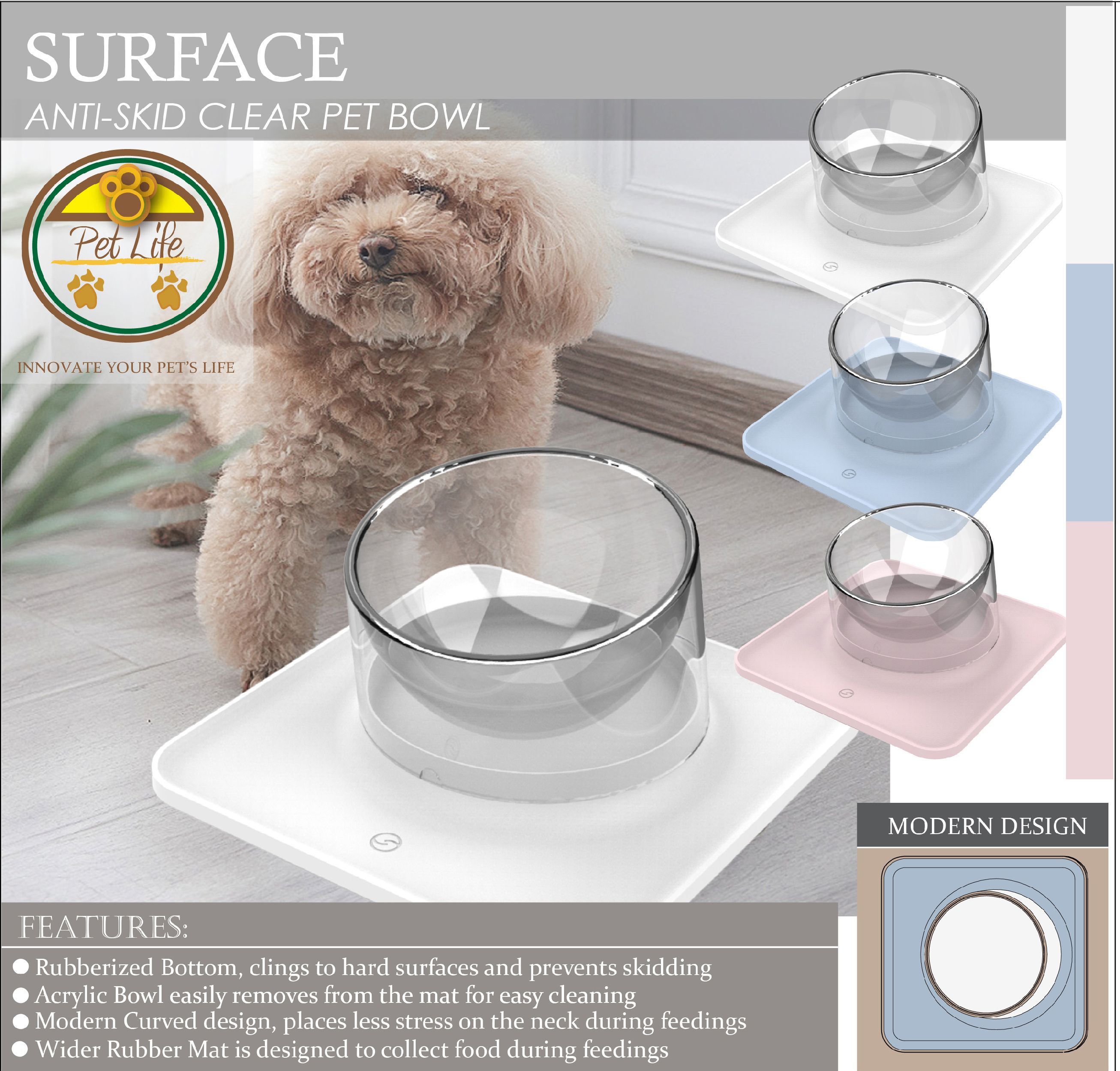 Clear pet bowl on blue anti-skid mat with matching pink and white bowl shown