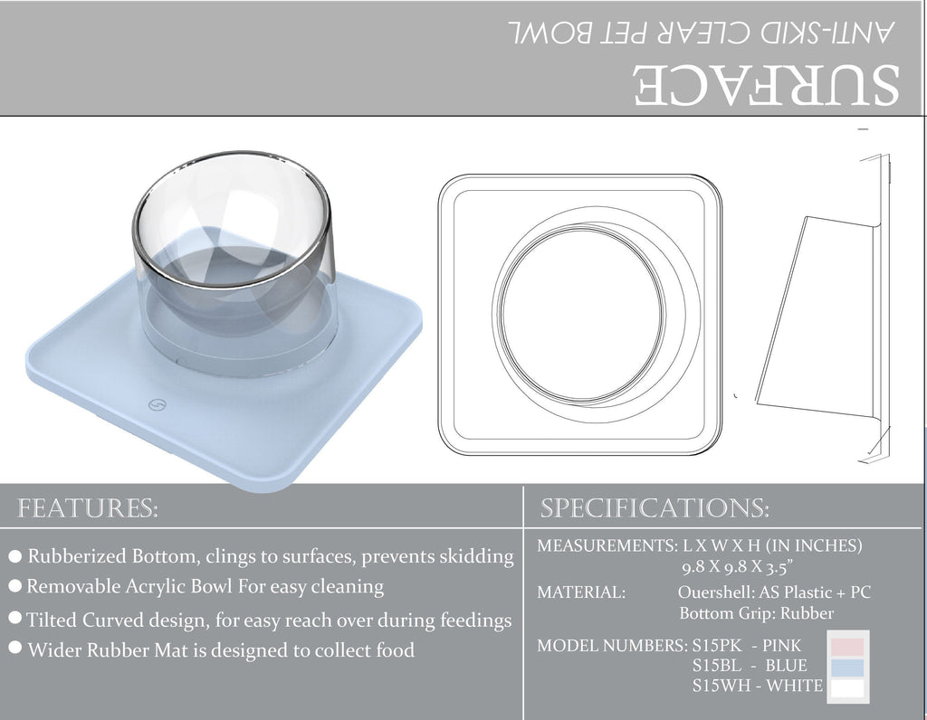 Clear pet bowl on blue anti-skid mat, top-view outline and placement diagram