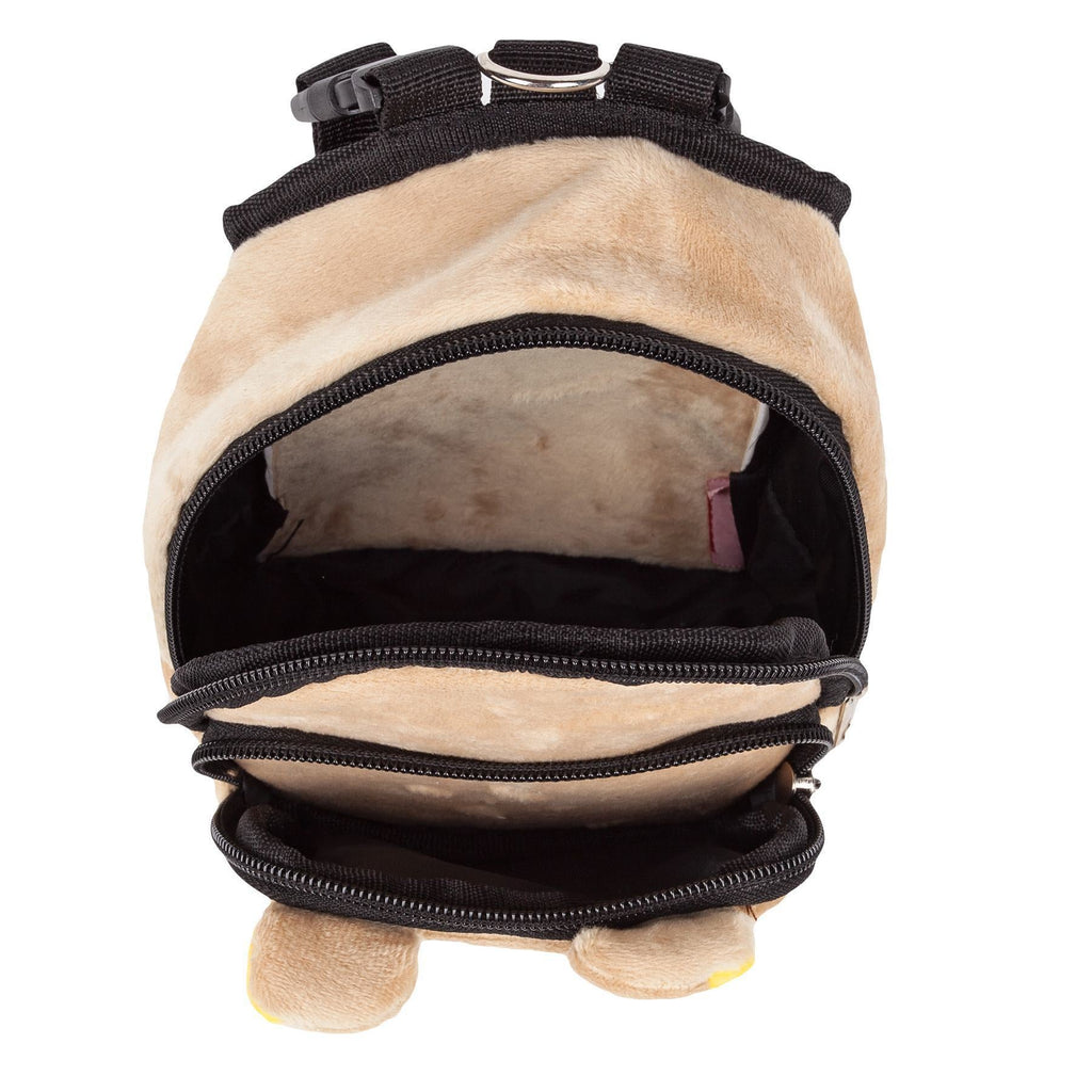 Top opening of beige plush dog harness backpack with inner pocket and zip closure