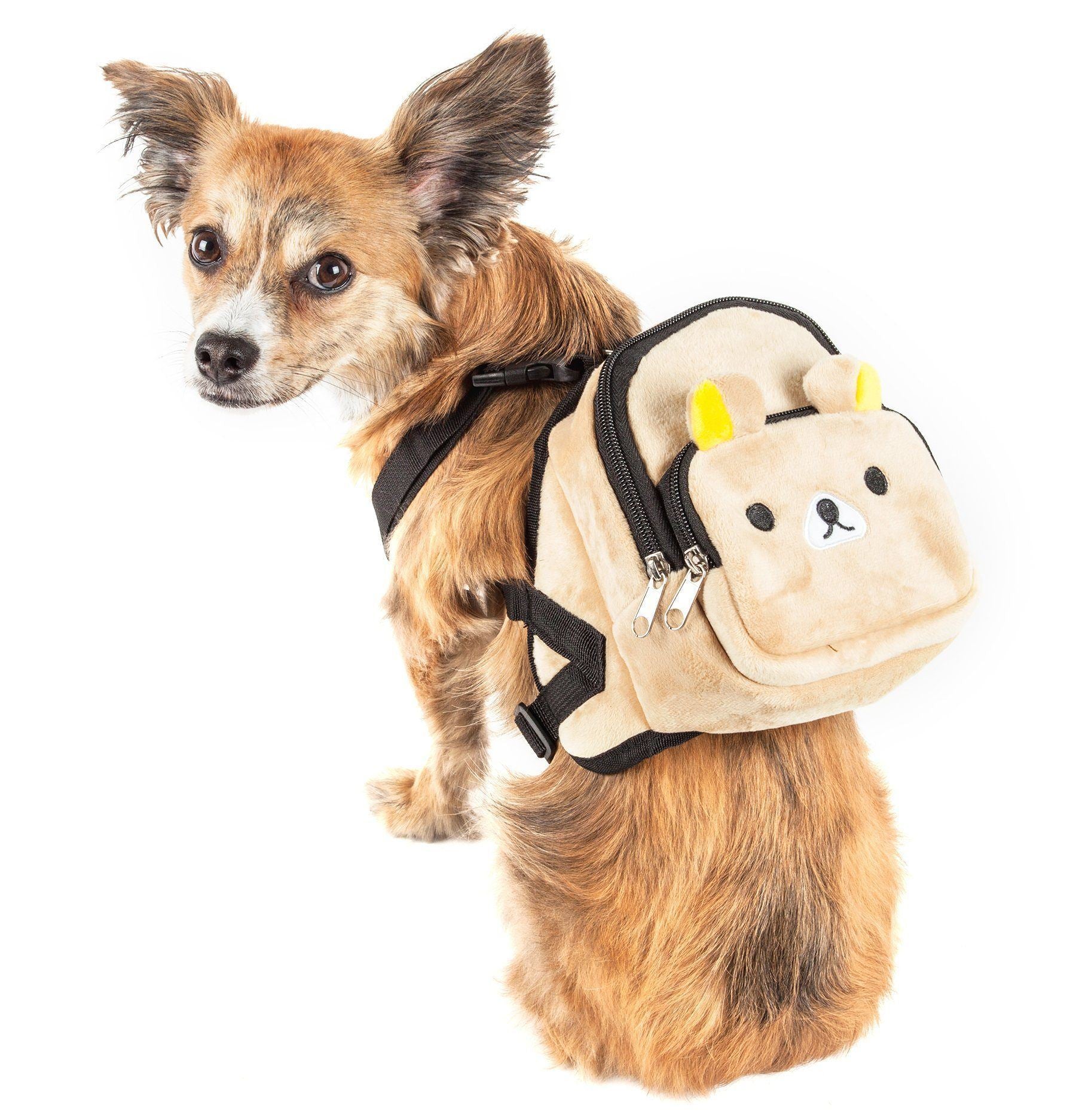Teddy Tails dog harness backpack with plush bear face pocket, black straps, beige color