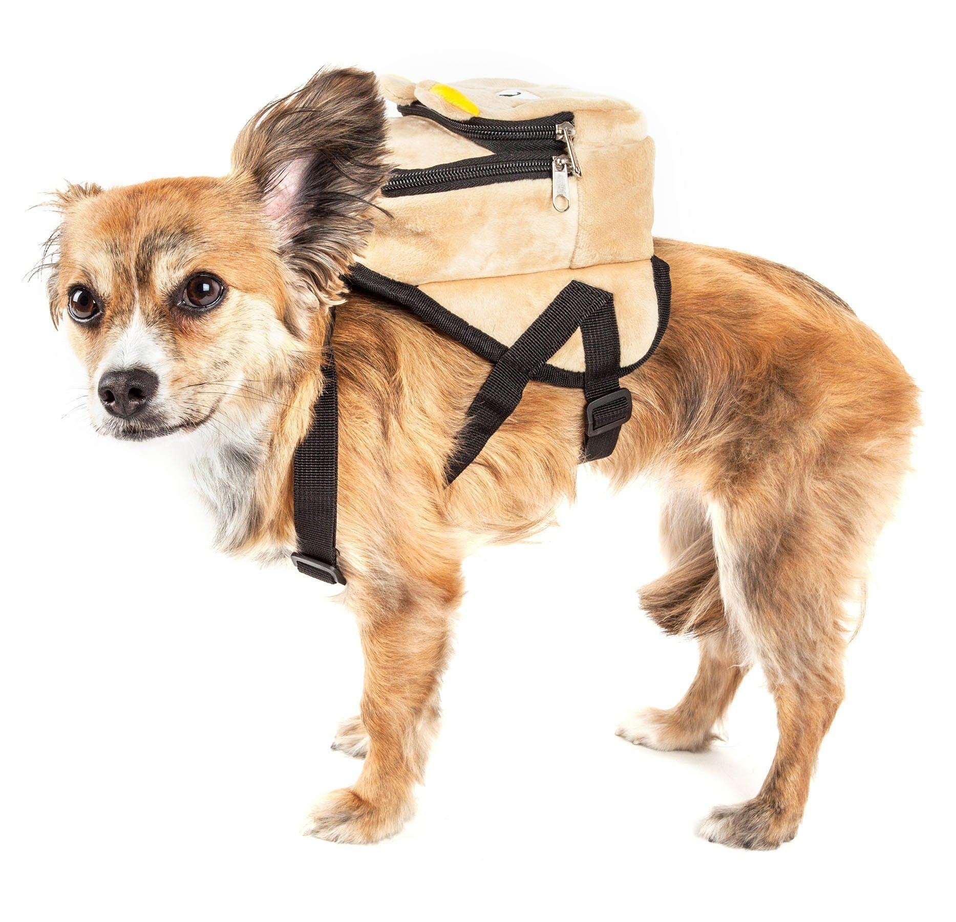 Beige plush dog harness backpack with two zip pockets and black cross straps