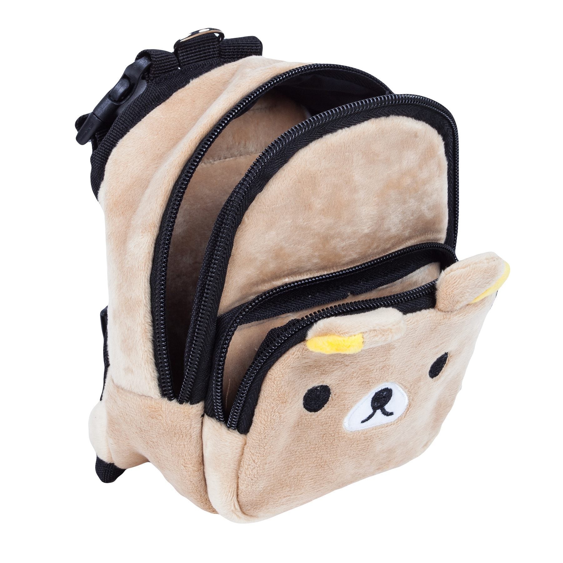 Dog harness backpack angled view with front bear face pocket and double black zippers