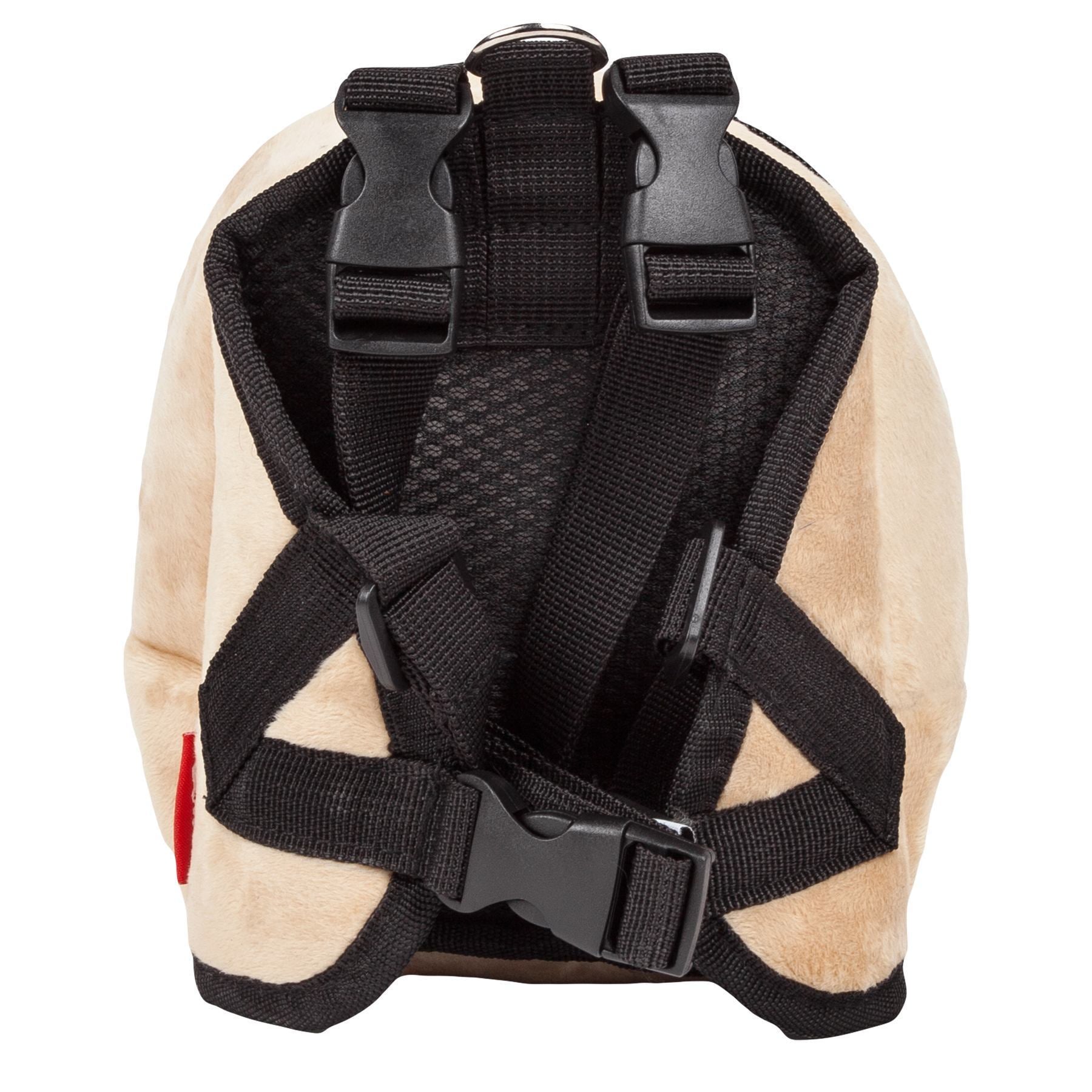 Back harness straps on beige plush dog backpack with padded cross-strap design