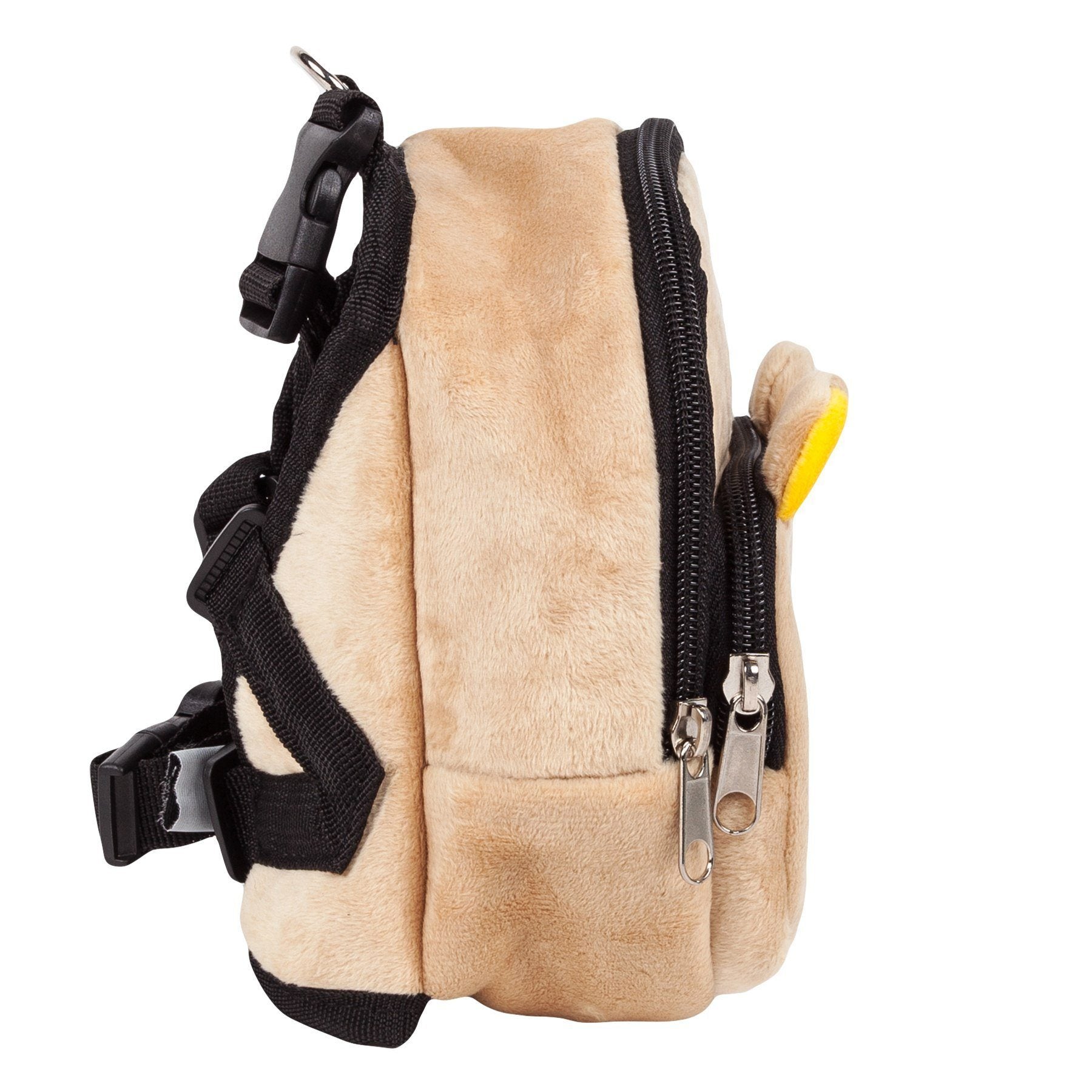 Side view of beige plush dog harness backpack with zippers and carry handle