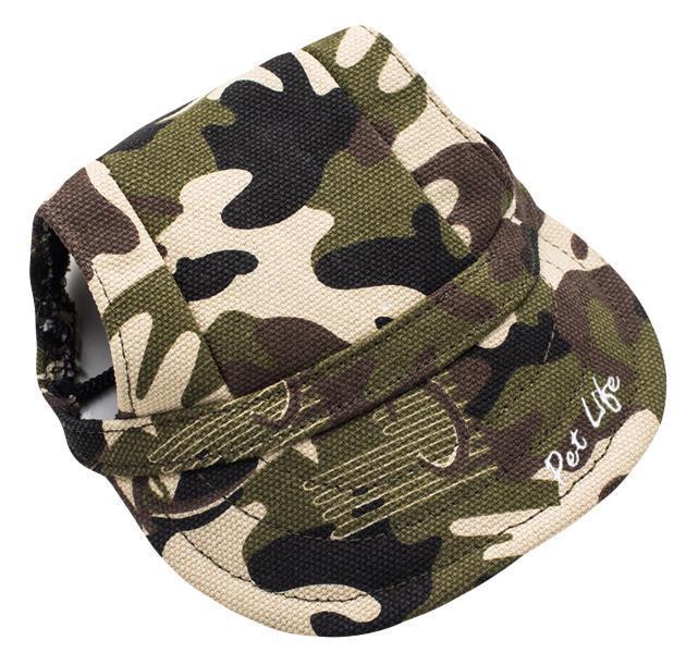 Camouflage fabric dog hat cap close-up, side panel and chin cord visible