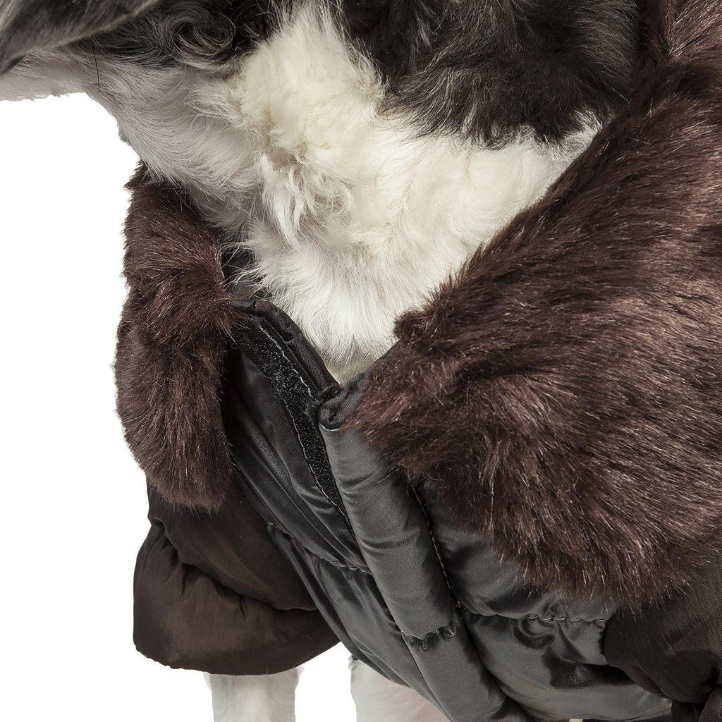 Close-up of dark metallic dog jacket with brown faux-fur collar trim