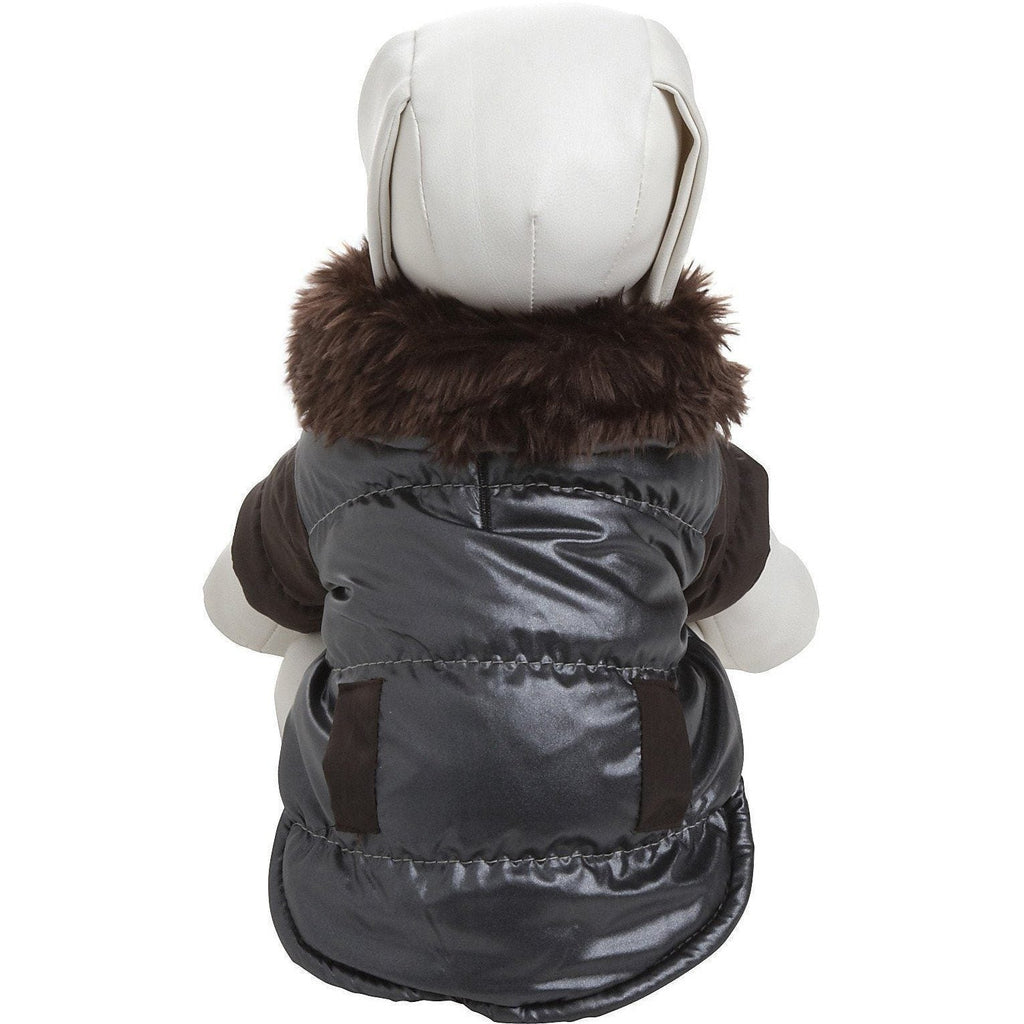 Rear view of dark gray insulated dog coat with faux-fur collar and padded fit