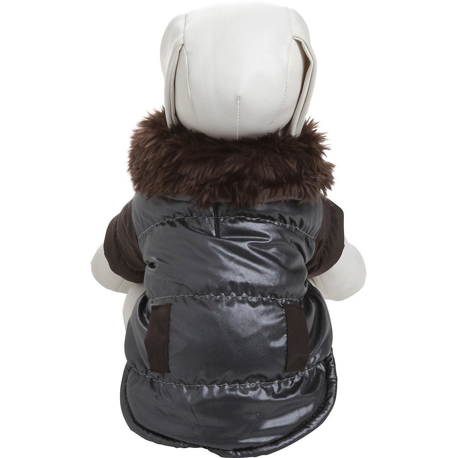 Rear view of dark gray insulated dog coat with faux-fur collar and padded fit