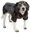 Dark gray insulated dog jacket with faux-fur track collar and brown padded trim